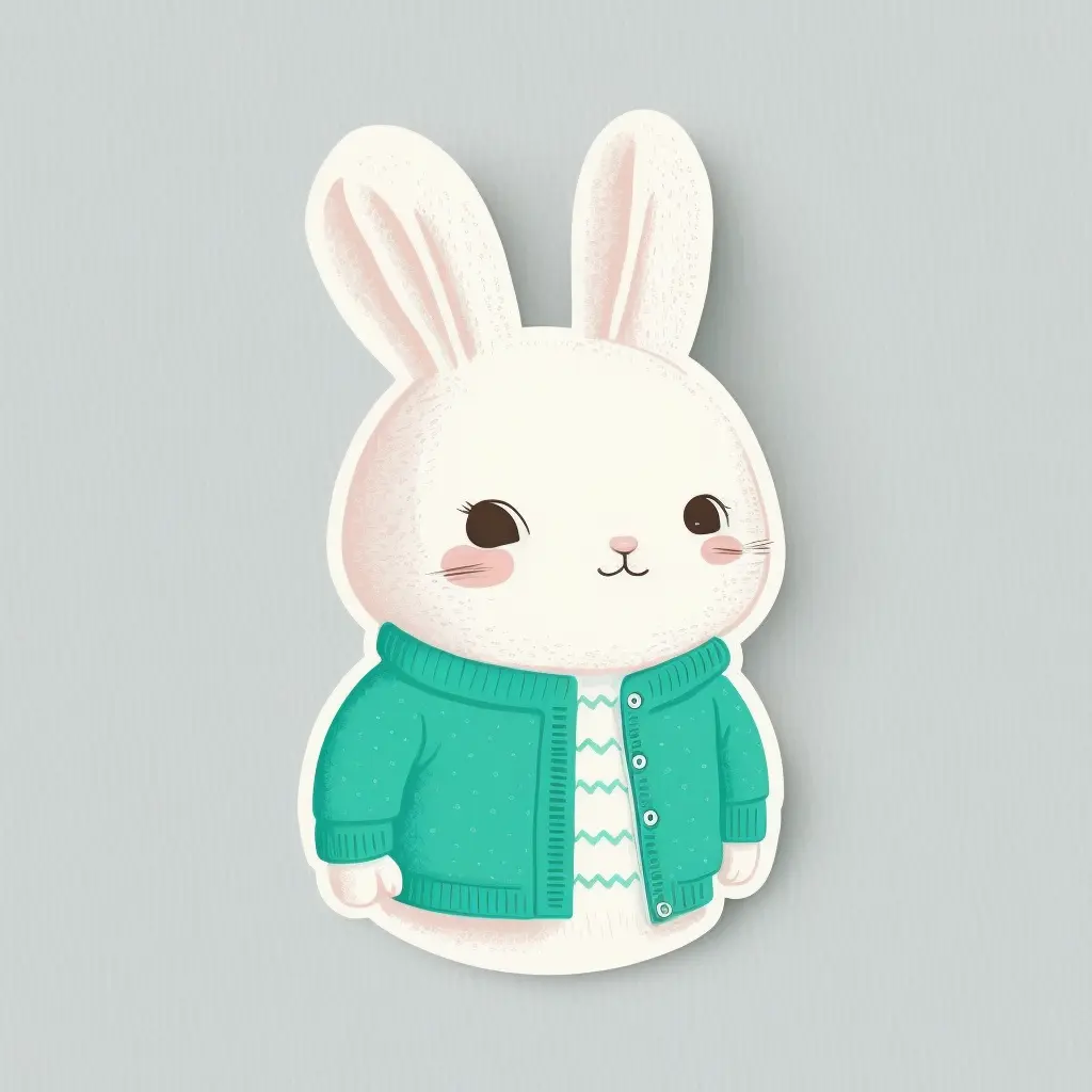 sticker design, super cute baby pixar style white rabbit, wearing a cyan sweater, vector